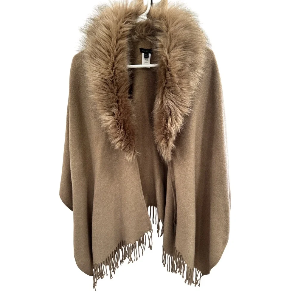 Talbots Camel Tan Faux Fur Collar Wrap Shawl Fringed Cape‎ M L